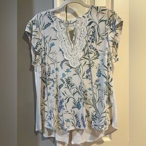 Daniel Rainn Quinn Keyhole Crochet Cream Green and Blue Floral Blouse Top